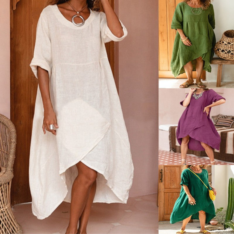 Damen asymmetrisches Sommerkleid aus Leinen mit gerafftem Saum WW