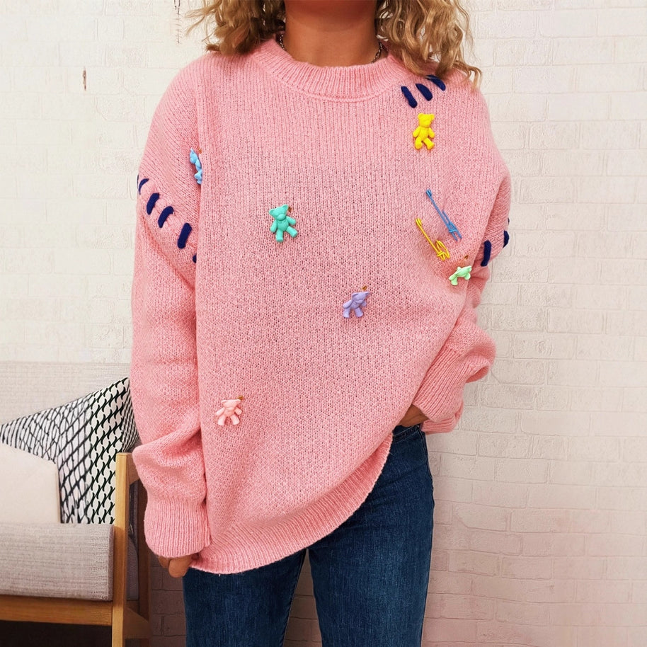 Damen Pullover mit verspieltem Bären-Motiv und dekorativen Applikationen WW
