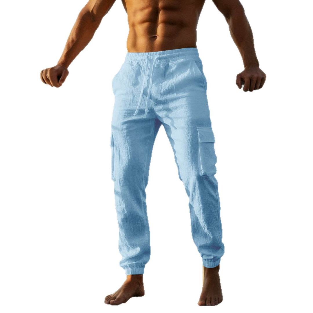 Herren nan sommerliche Leinen-Cargo-Jogginghose mit elastischem Tunnelzugbund und aufgesetzten Klappentaschen W&W Mode