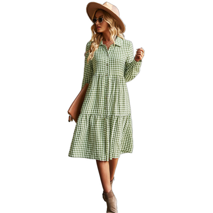 Damen karierte Midi-Bluse mit Knopfleiste und ausgestelltem Rock W&W Mode