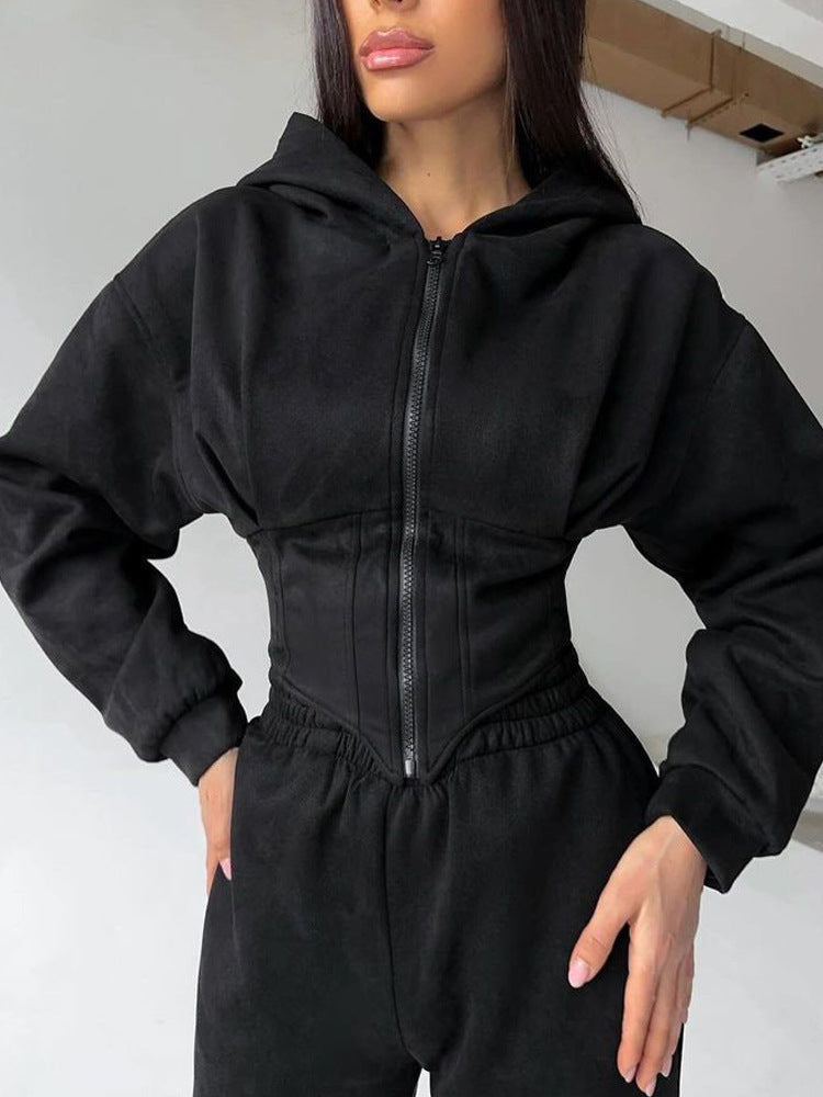 Damen sportlicher Jumpsuit mit Reißverschluss und Kapuze WW