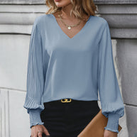 Damen Bluse mit voluminösen Plisseeärmeln und elegantem V-Ausschnitt WW