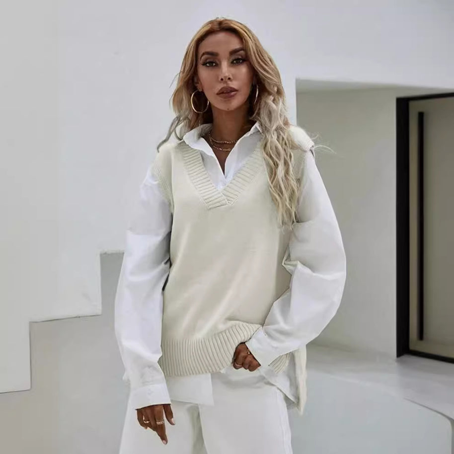 Damen Strickpullover mit V-Ausschnitt und lässigem Schnitt WW
