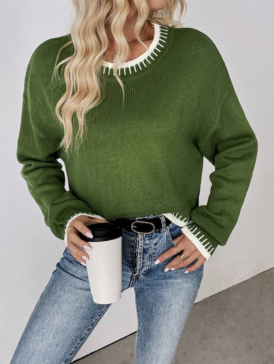 Damen Bequemer Strickpullover mit modischem Rundhalsausschnitt und farblich abgesetzten Details WW