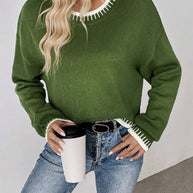 Damen Bequemer Strickpullover mit modischem Rundhalsausschnitt und farblich abgesetzten Details WW
