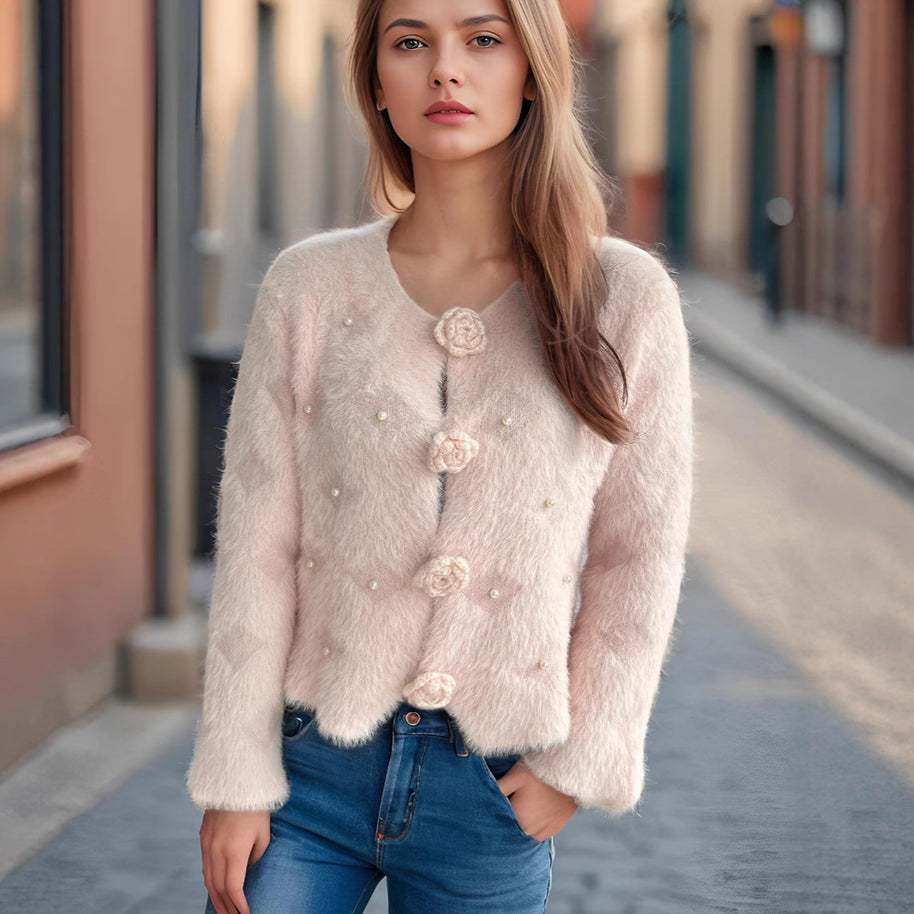 Damen Strickjacke mit floralen Applikationen und perlverzierter Detail WW
