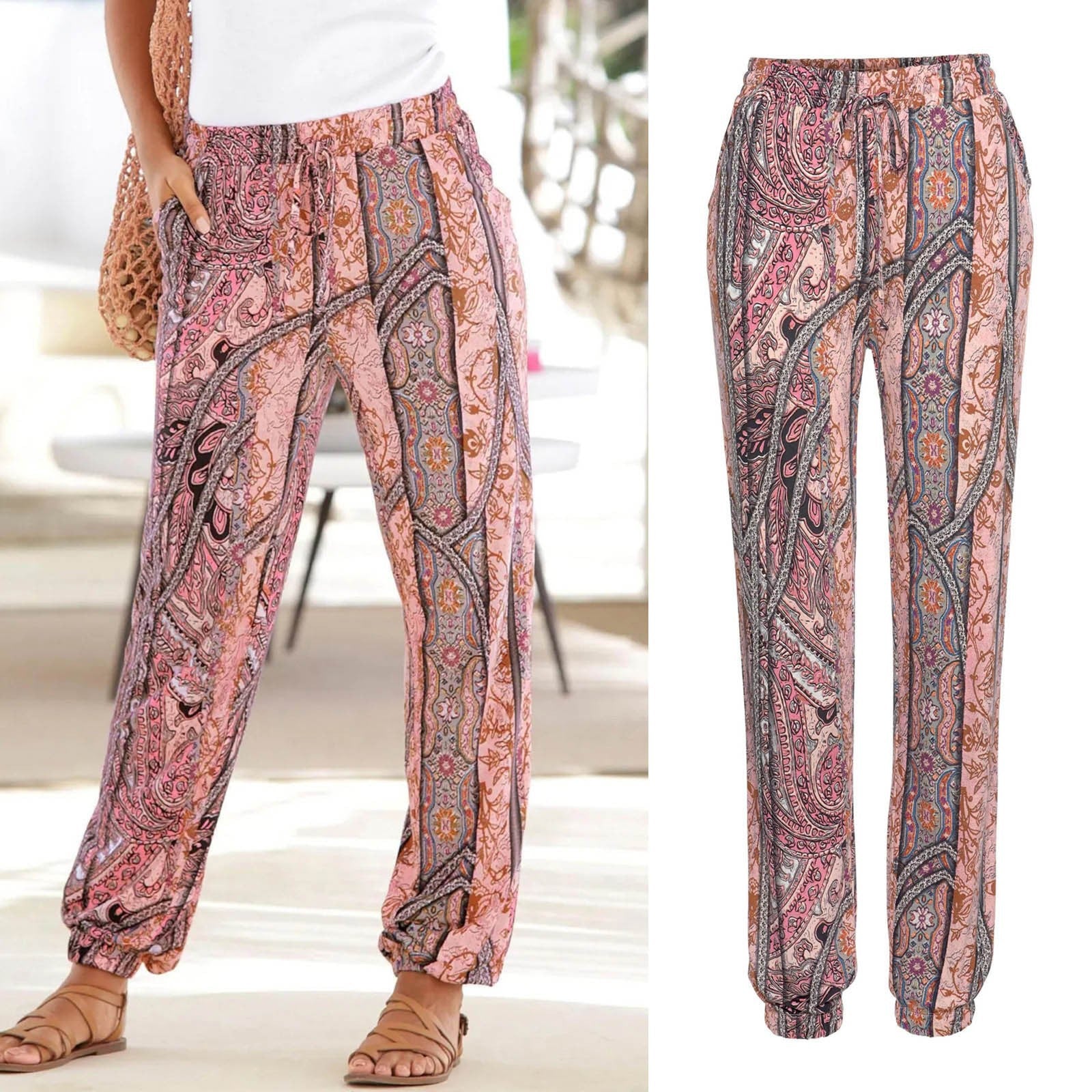 Damen Blumenhose mit elastischem Bund und seitlichen Taschen WW