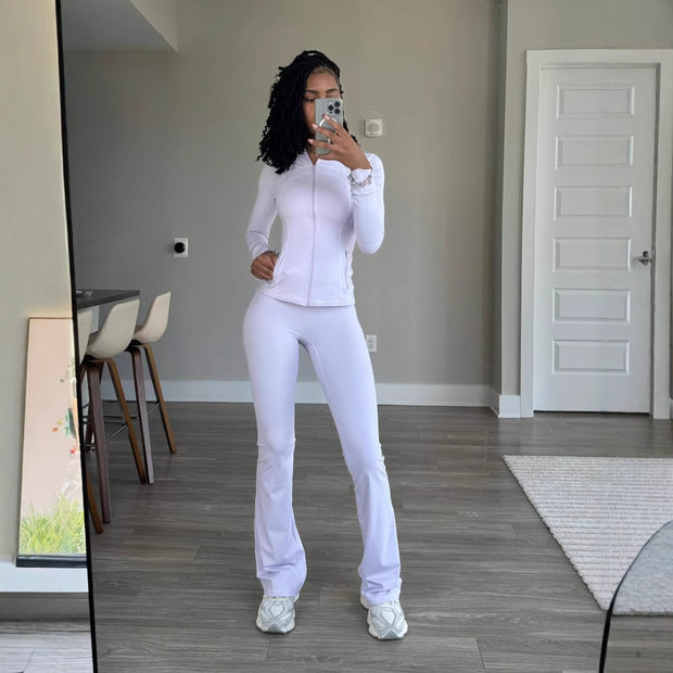 Damen Sportliches Freizeit-Loungewear-Set mit enganliegendem Langarmoberteil und hoher Taille WW