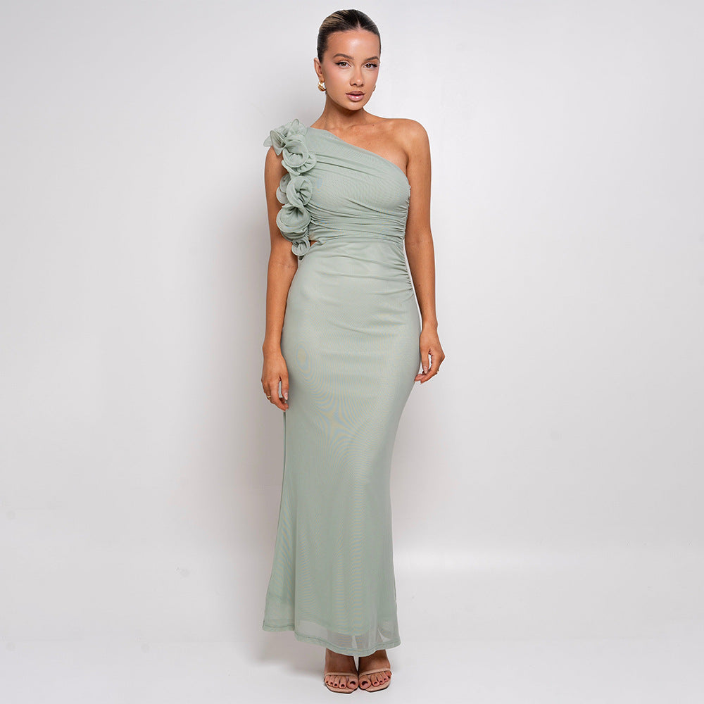 Damen Figurschmeichelndes Midi-Kleid mit asymmetrischem Ausschnitt und Rüschendetails W&W