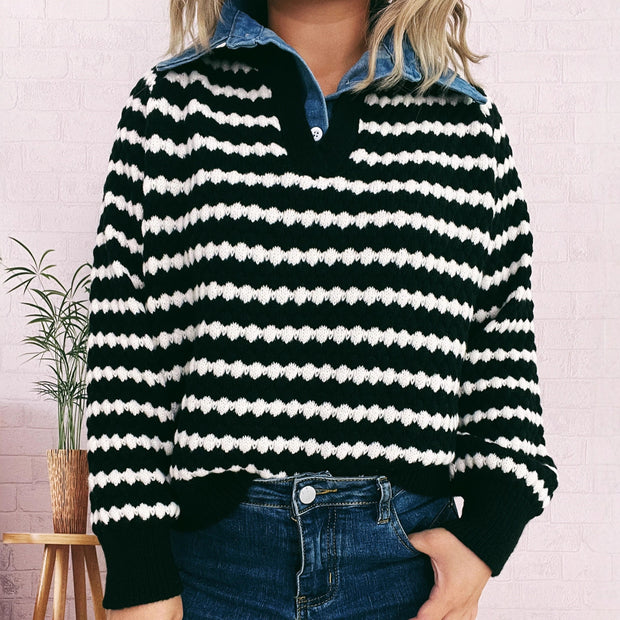 Damen Strickpullover mit tiefem V-Ausschnitt und markantem Streifenmuster WW