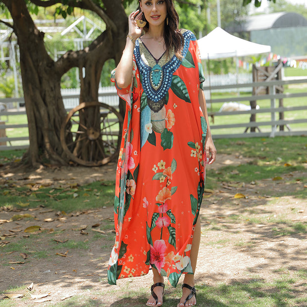 Damen Strandkaftan mit kunstvollem Blumenmuster und dekorativer Perlenverzierung WW