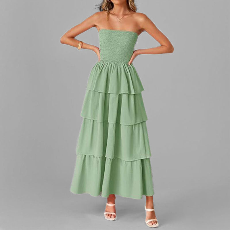 Damen Maxikleid mit schulterfreiem Design und voluminösen Rüschenschichten W&W Mode