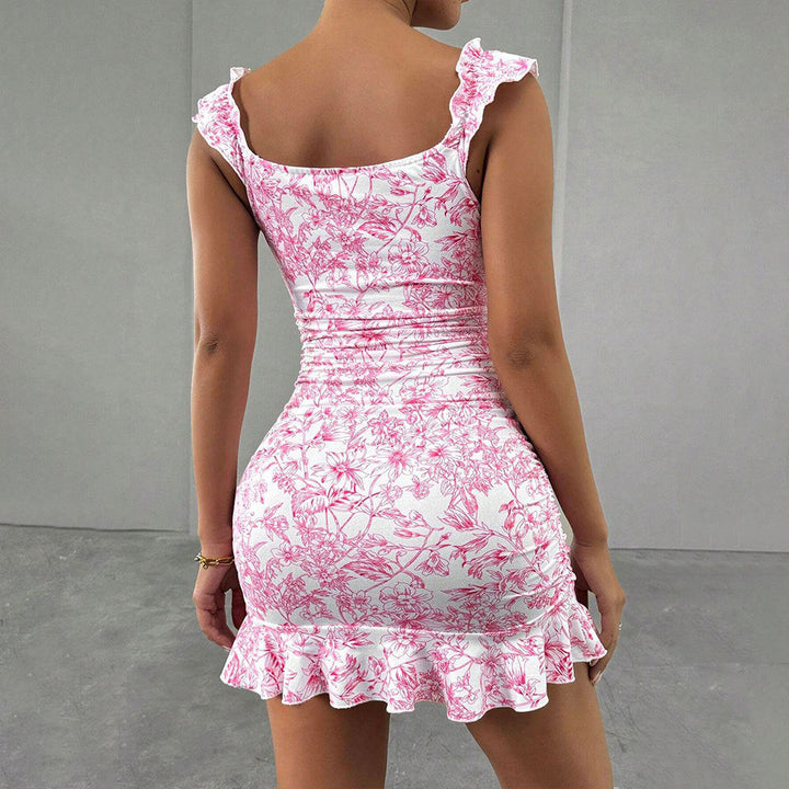 Damen figurbetontes Minikleid mit raffiniertem Blumenmuster und elastischem Rüschensaum W&W Mode