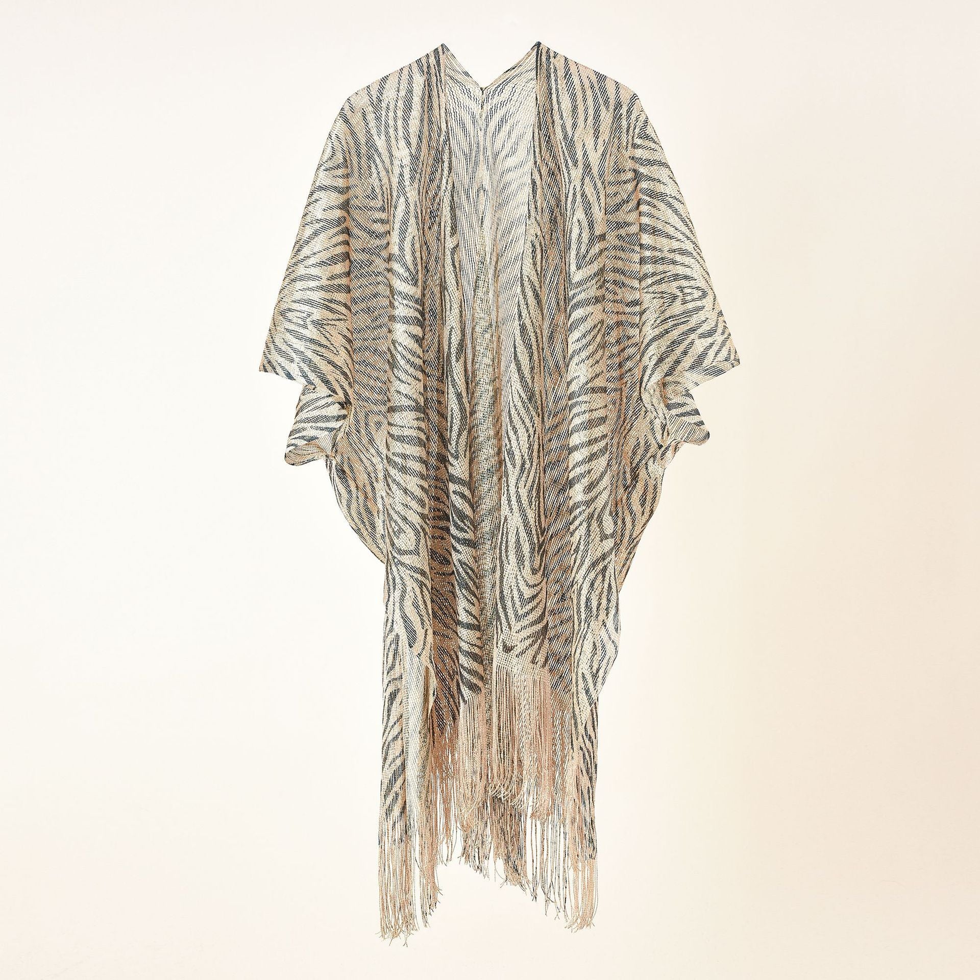 Damen Eleganter Fransen-Poncho mit Leopardenmotiv WW