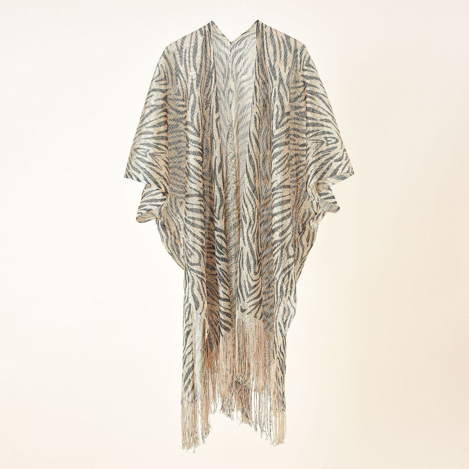 Damen Eleganter Fransen-Poncho mit Leopardenmotiv WW