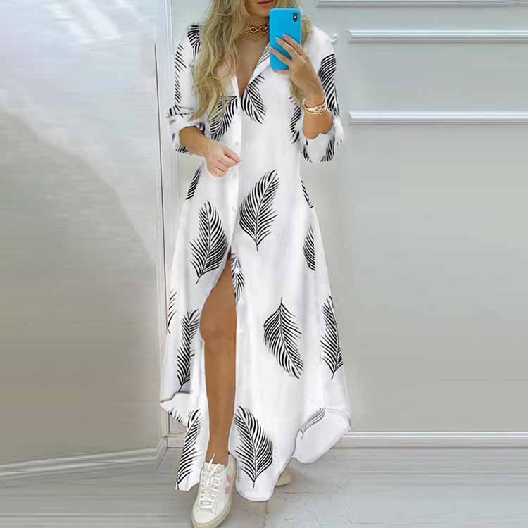 Damen Langarmhemdmaxikleid mit grafischem Muster und seitlichem Schlitz W&W Mode