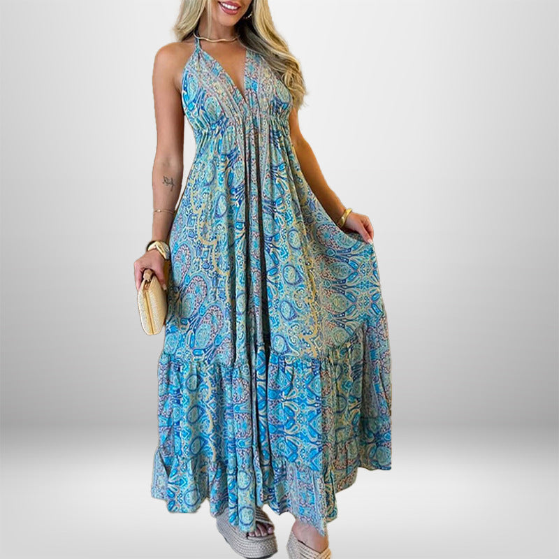 Damen Maxikleid im verspielten Boho-Stil mit tiefem V-Ausschnitt und schwingendem Rock WW