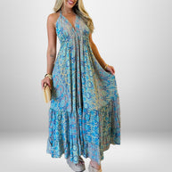 Damen Maxikleid im verspielten Boho-Stil mit tiefem V-Ausschnitt und schwingendem Rock WW