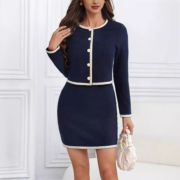 Damen elegantes Tweed-Kleid mit kurzen Ärmeln und klassischen Knöpfen W&W