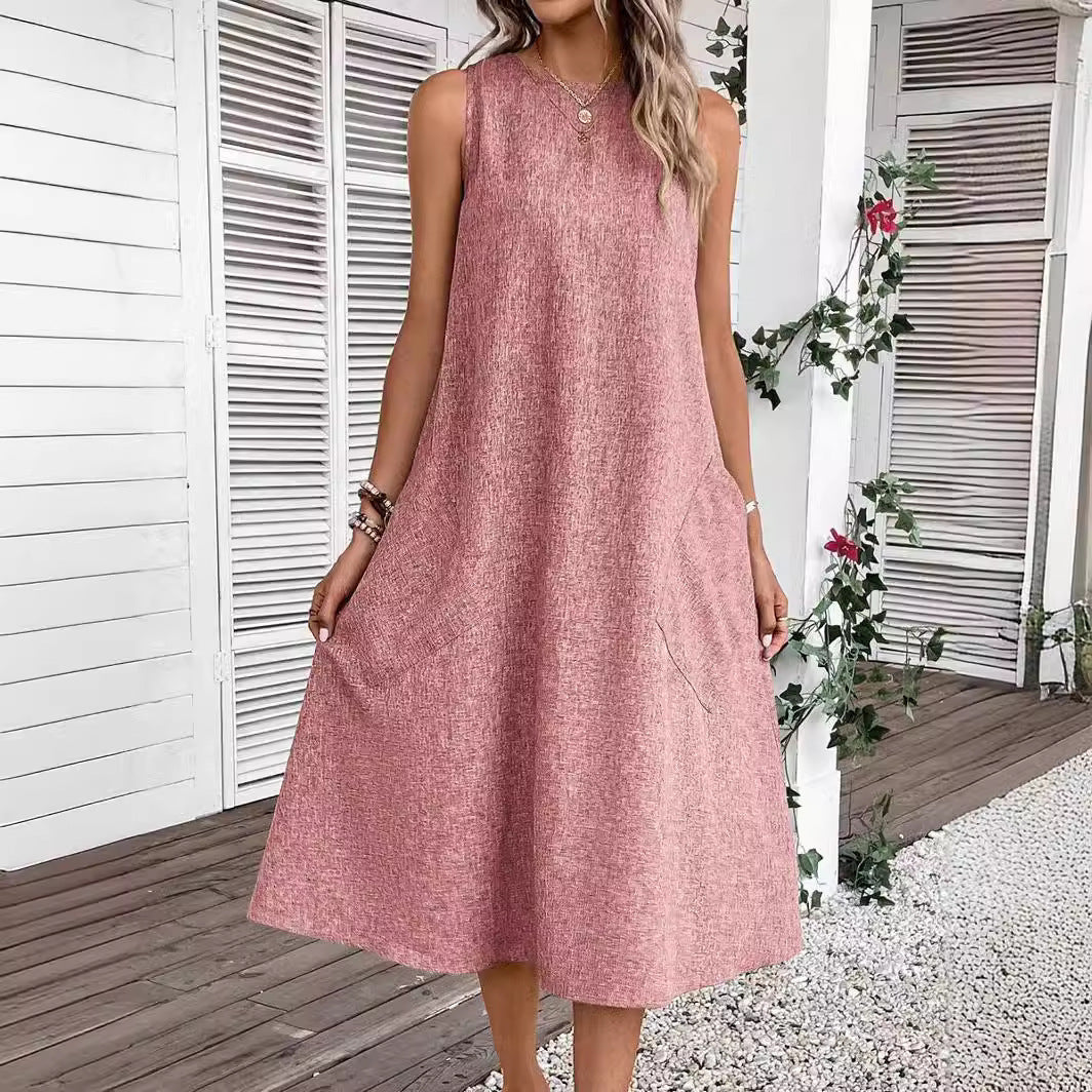 Damen lässiges Midi-Kleid mit tiefem Ausschnitt und praktischen Taschen WW