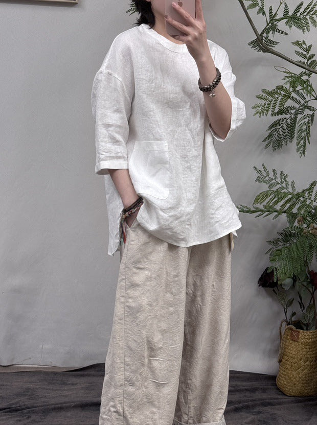 Damen Relaxed Fit Leinen Tunika-Oberteil mit Tasche WW