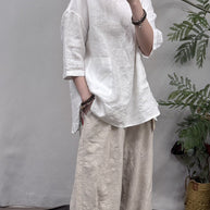 Damen Relaxed Fit Leinen Tunika-Oberteil mit Tasche WW