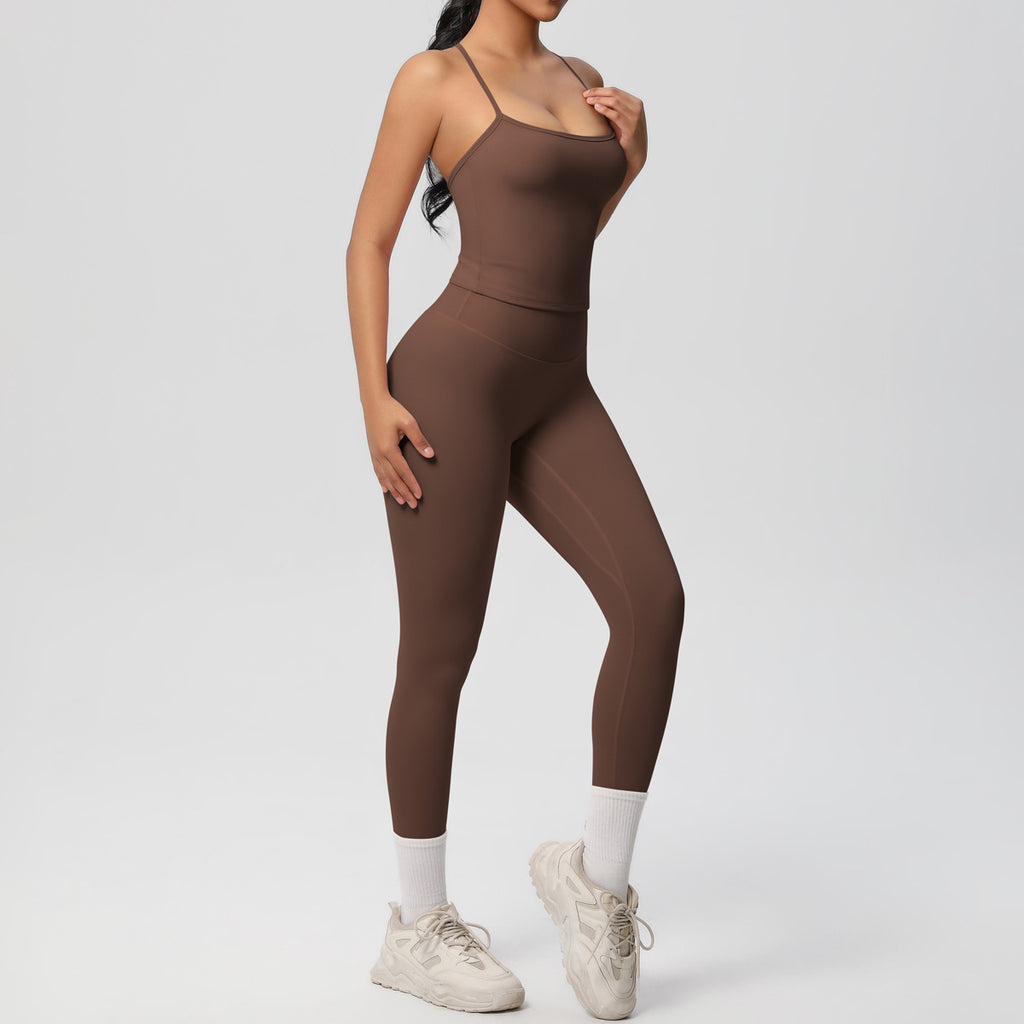 Damen Sportliches Kompressionsoberteil mit Trägern und passender Leggings WW