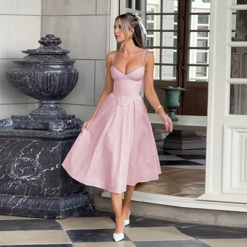 Damen Midi Kleid mit figurbetonter Corsage und schwingendem Rock W&W Mode