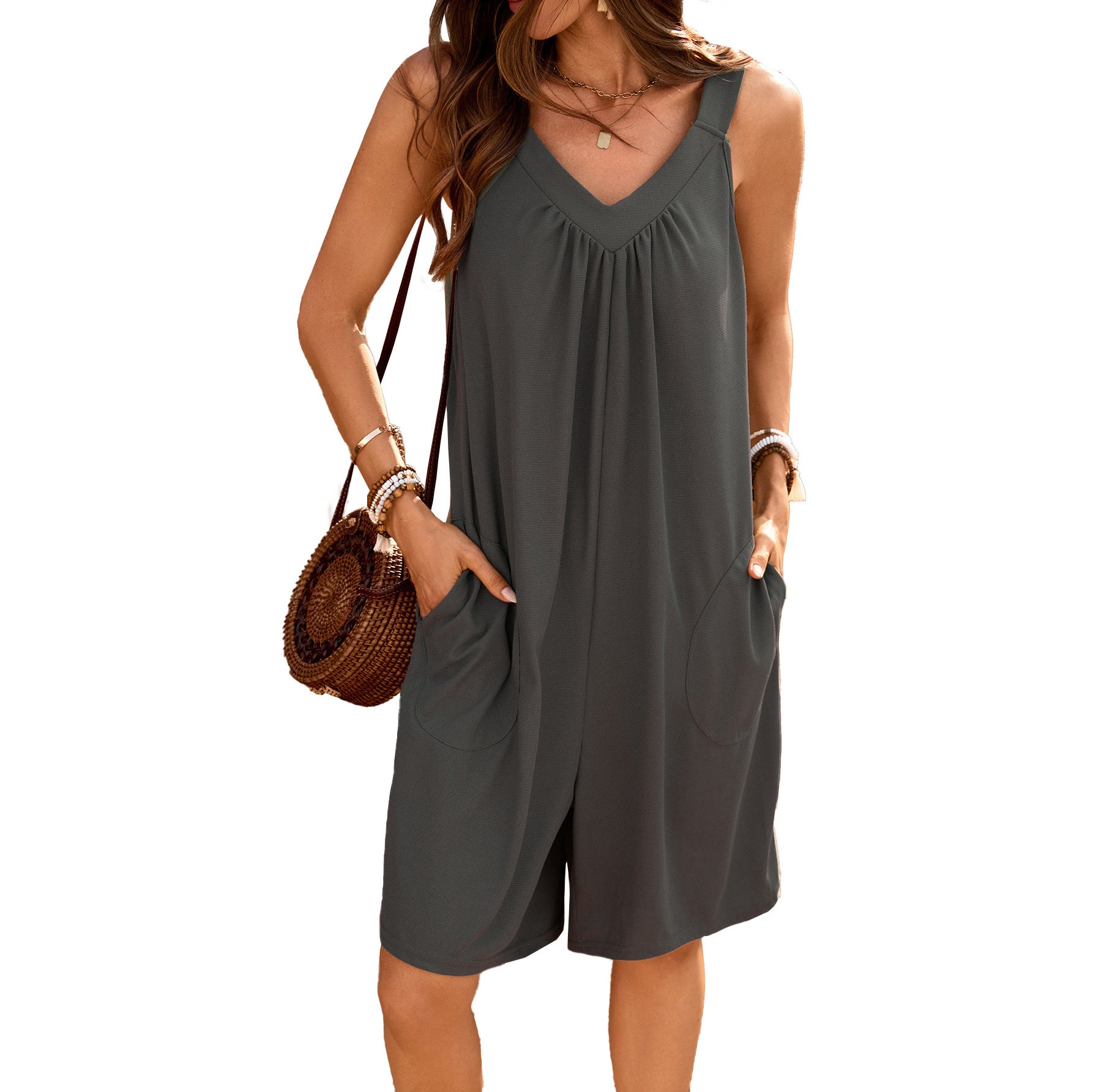 Damen ärmelloses Jumpsuit mit tiefem V-Ausschnitt und praktischen Taschen WW