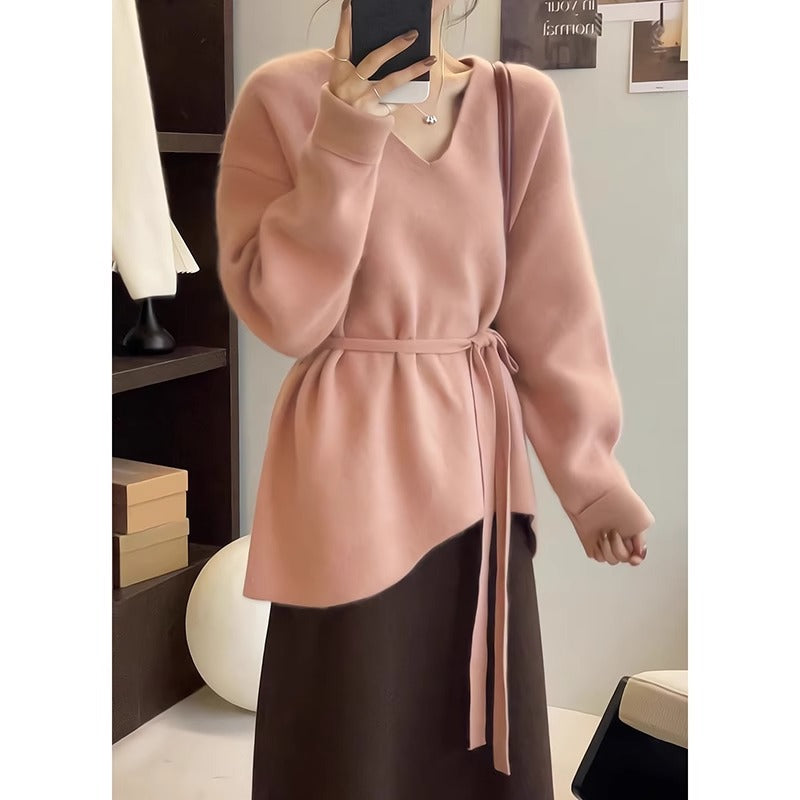 Damen Strickpullover mit V-Ausschnitt und Taillengürtel WW
