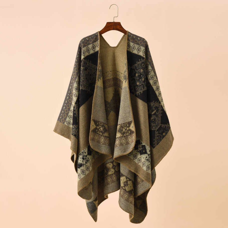 Damen Modischer Poncho mit kunstvollem Muster und fransigen Kanten WW