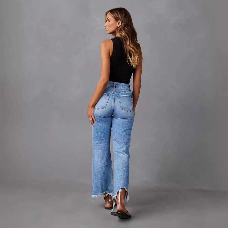 Damen weite High-Waist Jeans mit Destroyed-Details WW