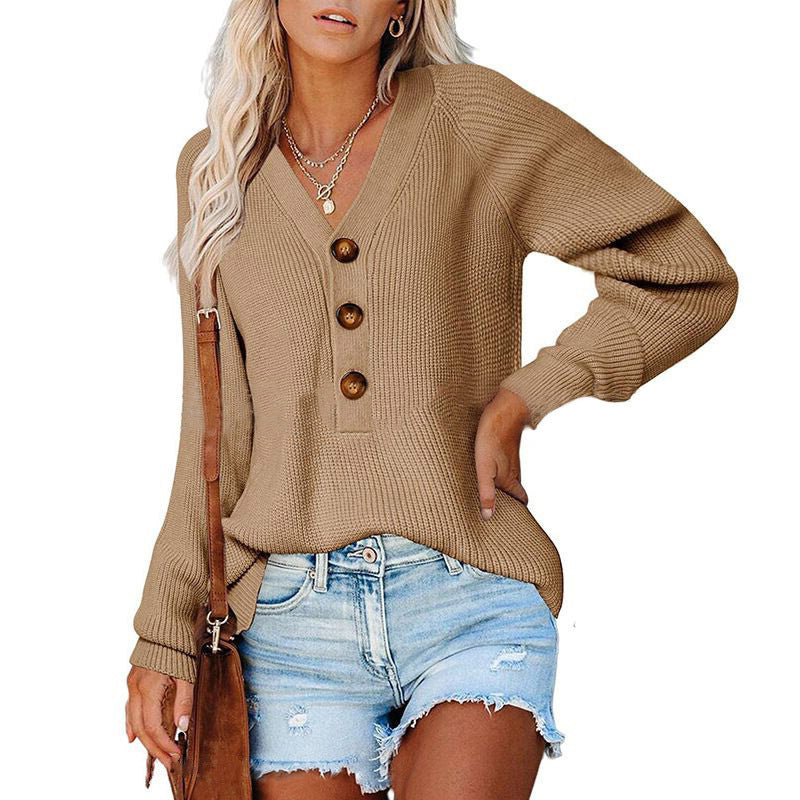 Damen Strickpullover mit V-Ausschnitt und Knopfdetails WW
