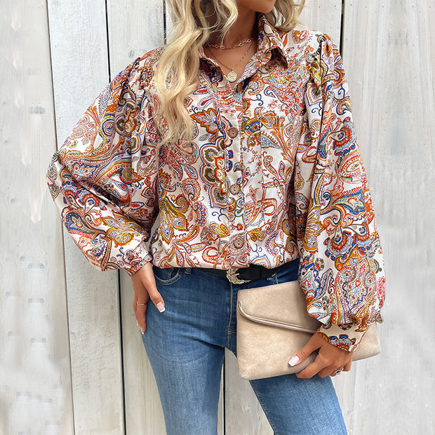 Damen Bluse mit auffälligem Paisleymuster und voluminösen Puffärmeln WW