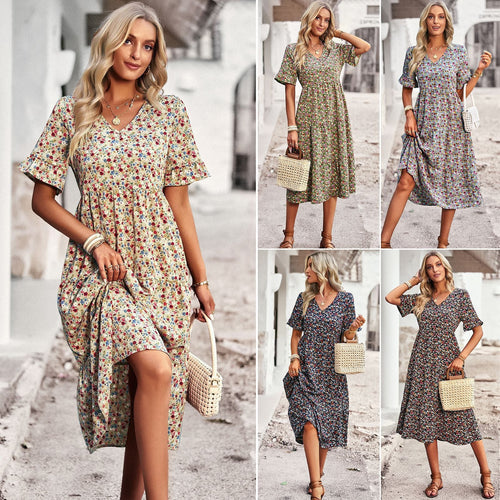 Damen Midi-Kleid mit floralem Muster und verspieltem V-Ausschnitt W&W Mode