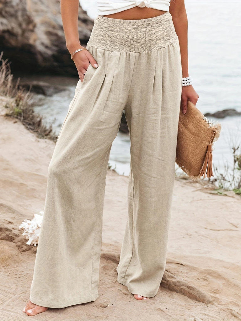 Damen Weite Leinenhose mit elastischem Bund und praktischen Taschen WW
