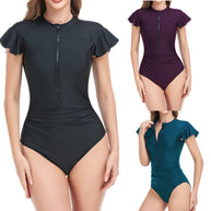 Damen Rüschenärmeln Reißverschluss Einteiler Badeanzug WW