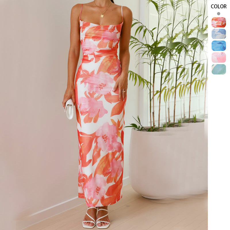 Damen ärmelloses Maxikleid mit floralem Print und elastischer Korsett-Taille WW