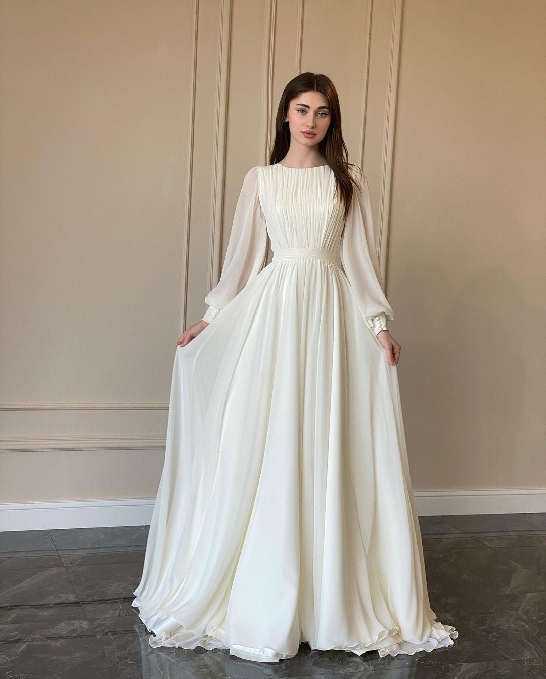 WW | Durchsichtiges Weißes Hochzeitskleid Rundhalsausschnitt Lange Ärmel Kleid