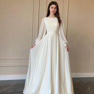 WW | Durchsichtiges Weißes Hochzeitskleid Rundhalsausschnitt Lange Ärmel Kleid