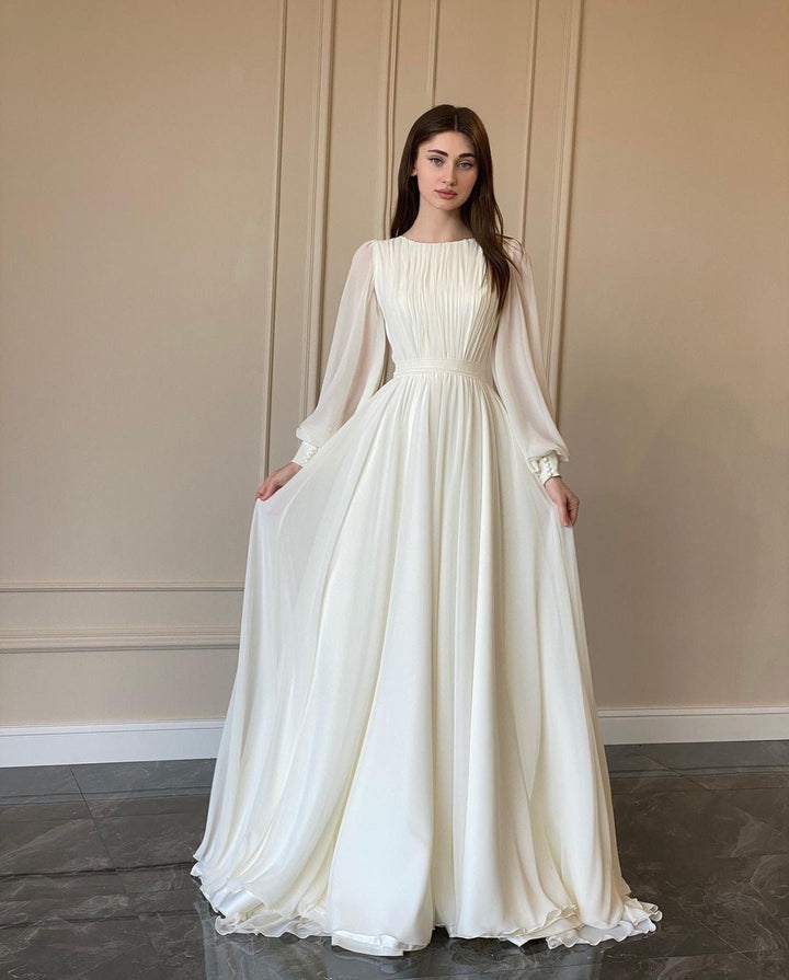 W&W Mode | Durchsichtiges Weißes Hochzeitskleid Rundhalsausschnitt Lange Ärmel Kleid
