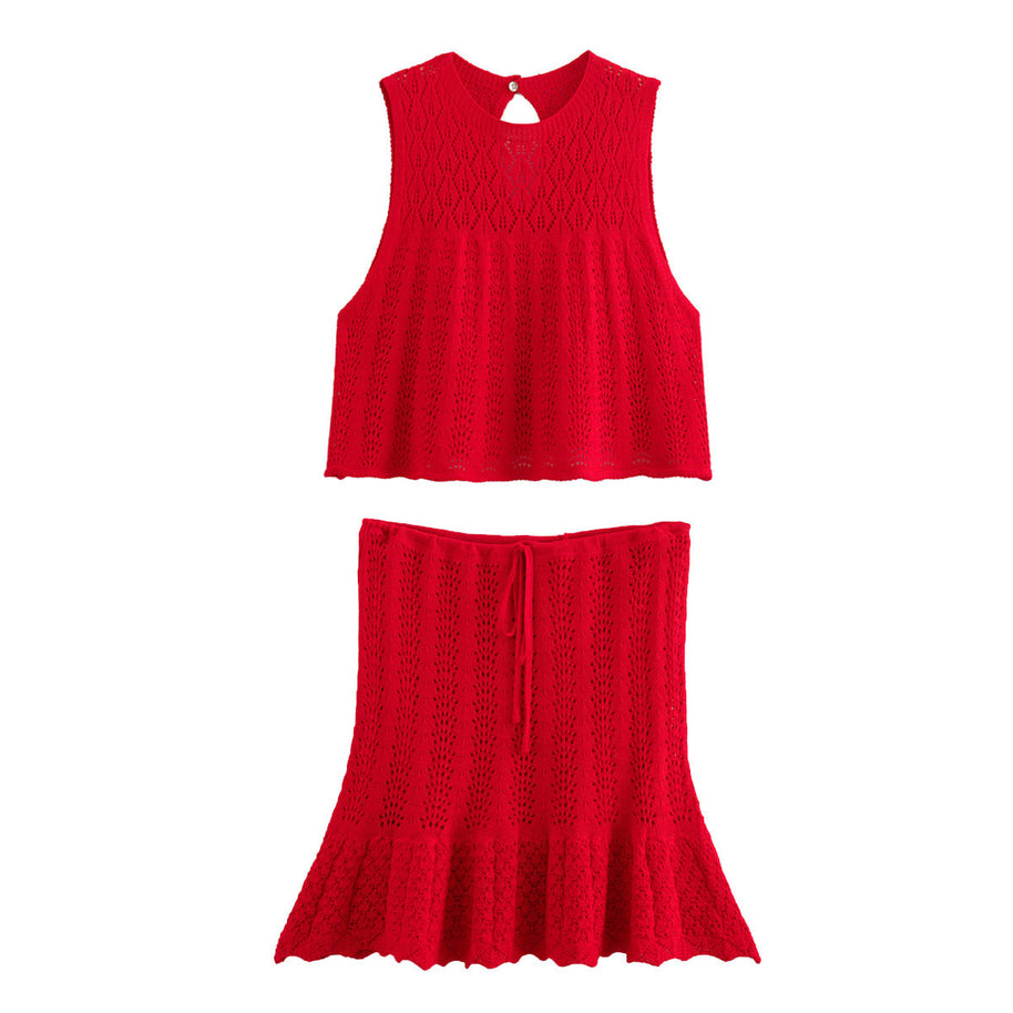 WWMODE | Mode Lässig Strickweste Hohlschliff Top Strick Kurzer Rock Set