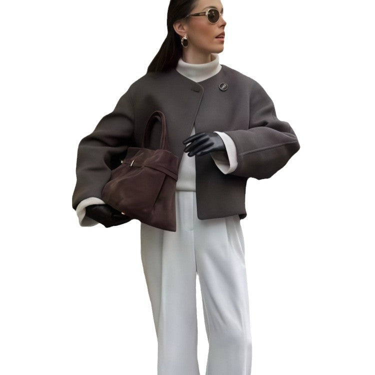 Damen Wickeljacke mit weiten Ärmeln und dekorativem Knopf WW