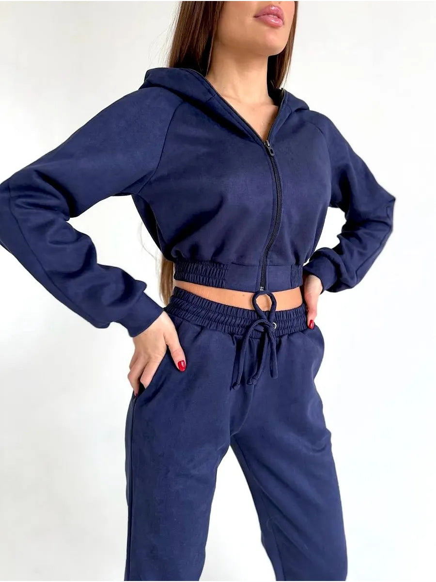 Damen Sportliches Fleece-Cropped-Set mit Kapuze und elastischem Bund WW