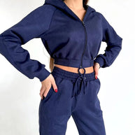 Damen Sportliches Fleece-Cropped-Set mit Kapuze und elastischem Bund WW