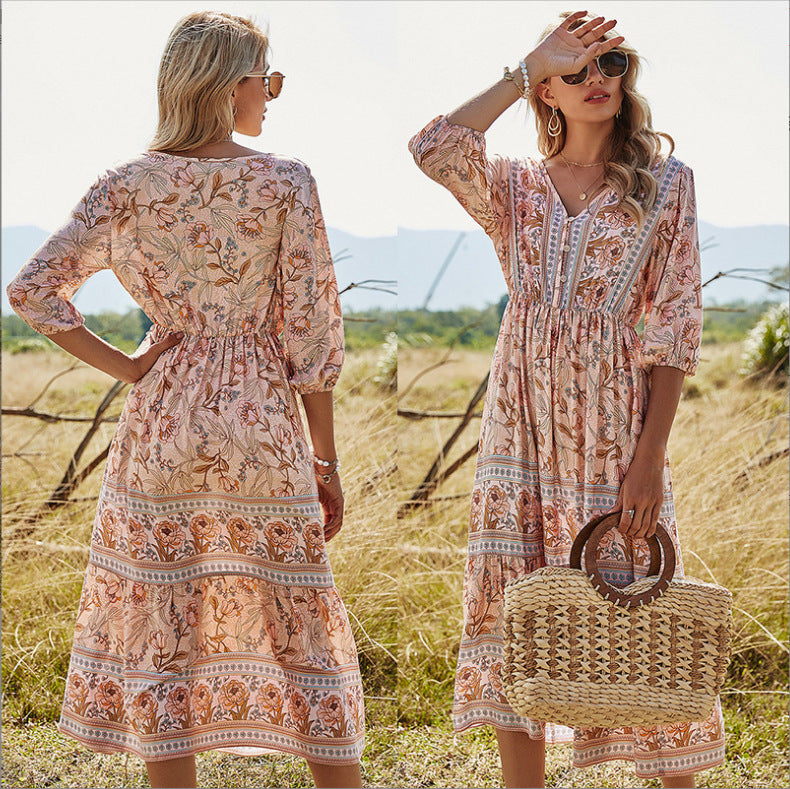WW | Damen Midikleid mit V-Ausschnitt und Blumenmuster