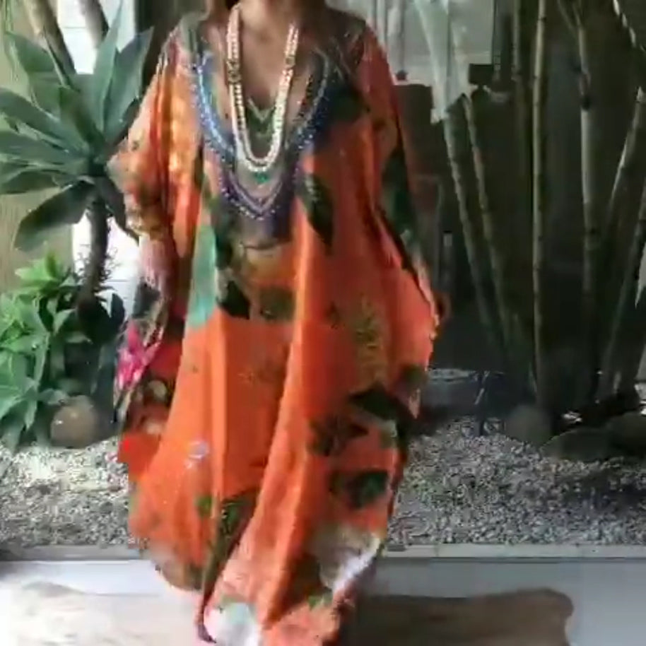 Damen Strandkaftan mit kunstvollem Blumenmuster und dekorativer Perlenverzierung WW