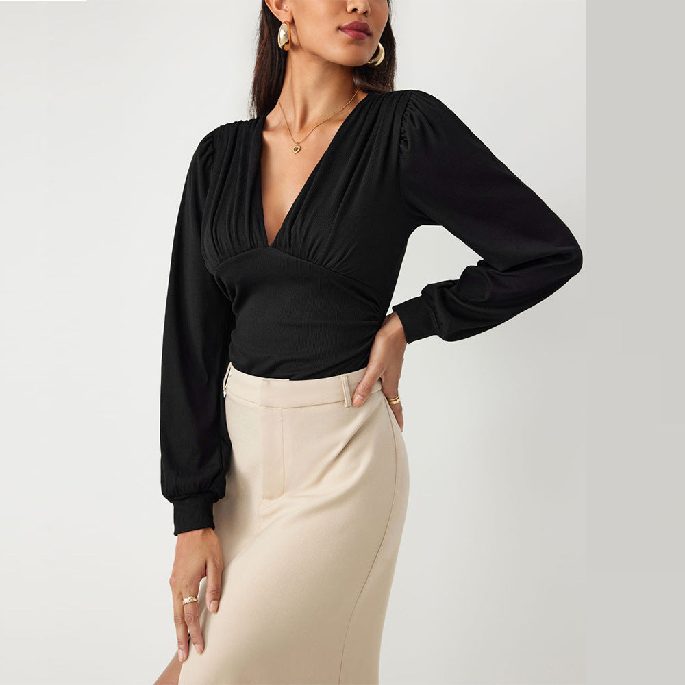 Damen Bodysuit mit eleganten Puffärmeln und tiefem V-Ausschnitt W&W Mode