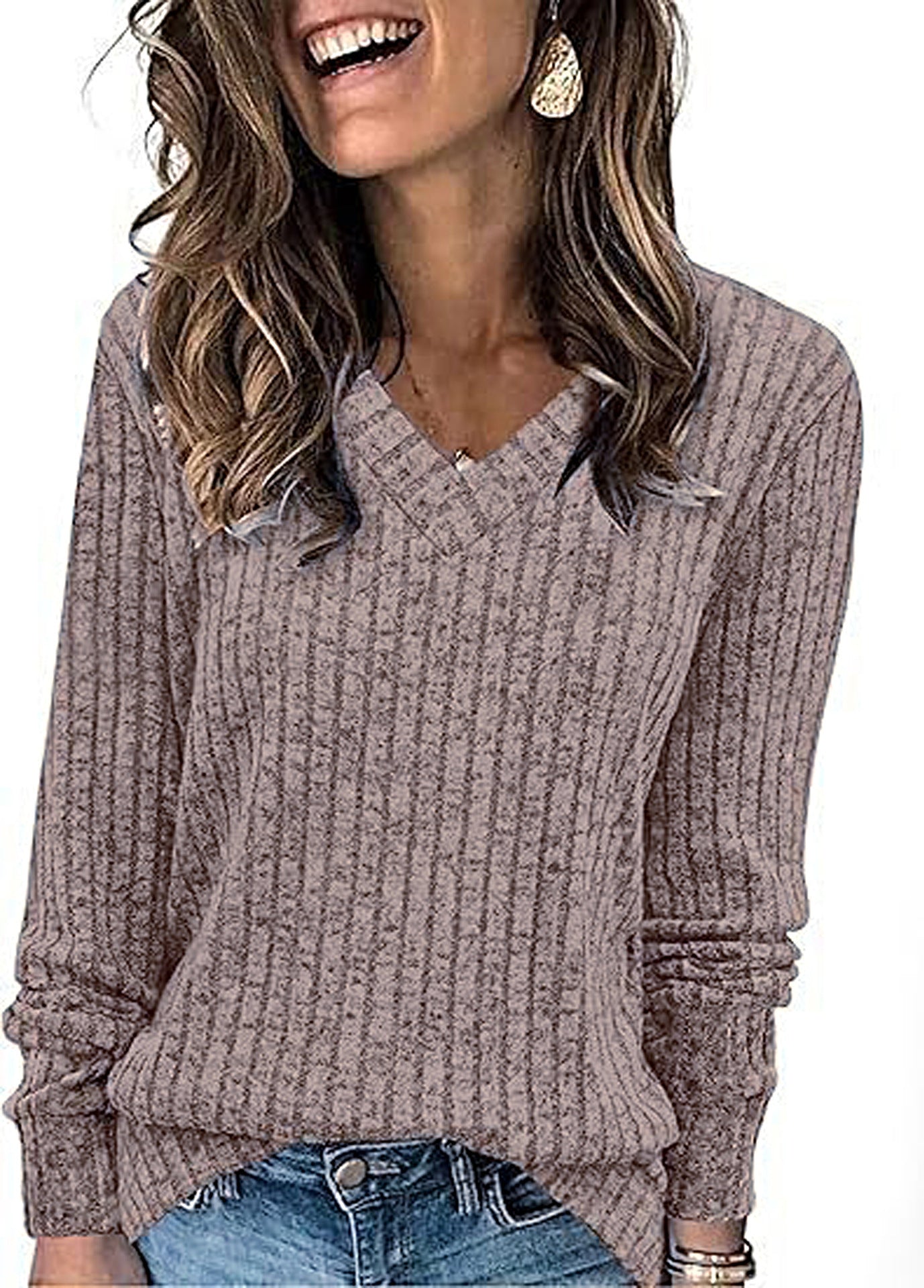 Damen Strickpullover mit V-Ausschnitt und strukturiertem Rippendesign WW