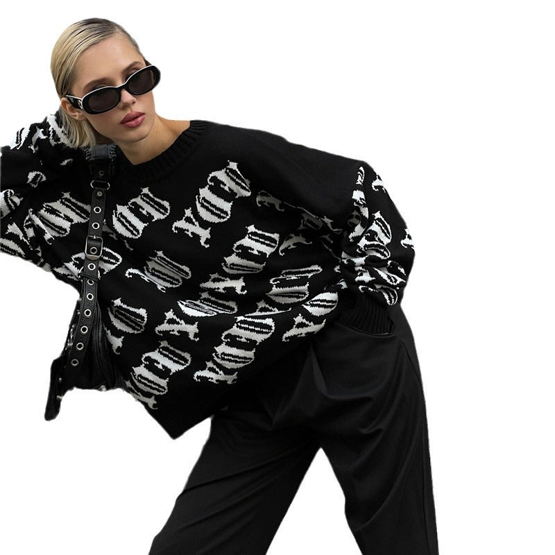 Damen lässiger Strickpullover mit modernem Schriftzug und weitem Schnitt W&W Mode